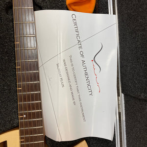 Murray Kuun Coupe Natural Acoustic Guitar with certificate, showcasing intricate neck details and craftsmanship, ideal for enthusiasts and collectors at Guitars on Main.