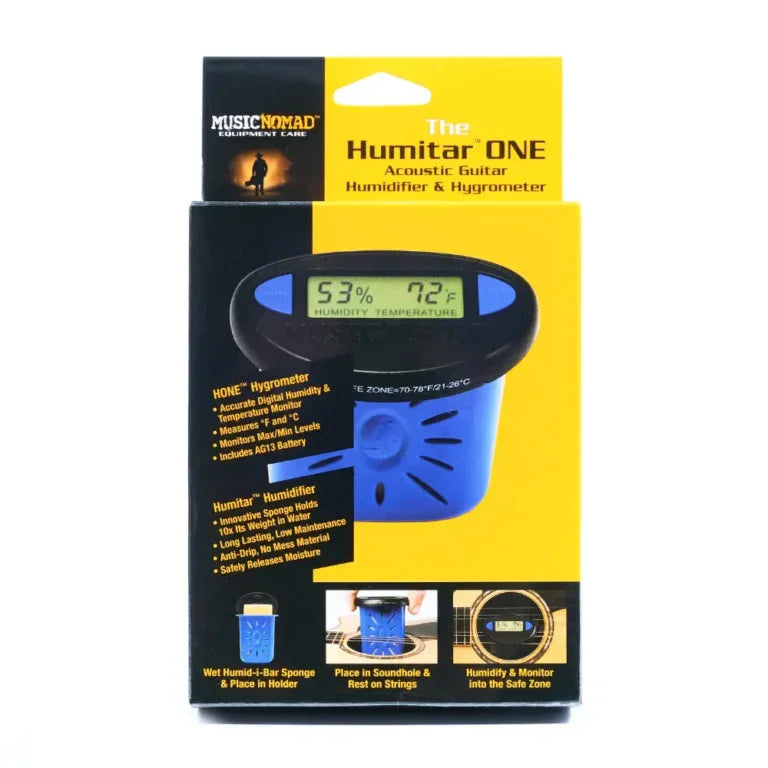 A Music Nomad The Humitar ONE – Acoustic Guitar Humidifier & Hygrometer by Music Nomad is shown in its packaging, featuring a digital humidity and temperature display (53% humidity, 72°F) on the front and instructions on a yellow box.