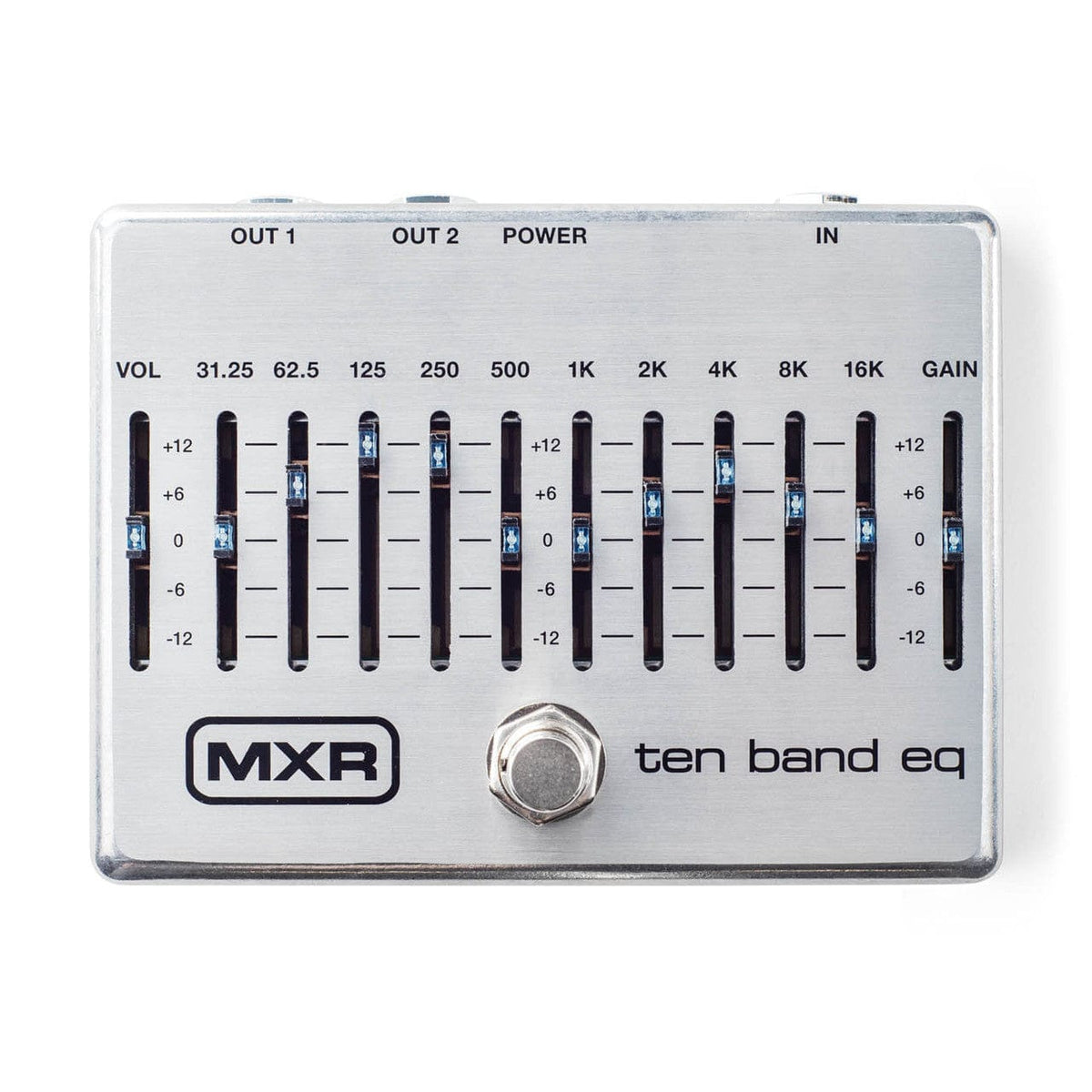 MXR M108S Ten Band EQ Pedal with black and blue buttons, lightweight aluminum casing, enhanced LED brightness, and dual output options for guitar and bass tuning.