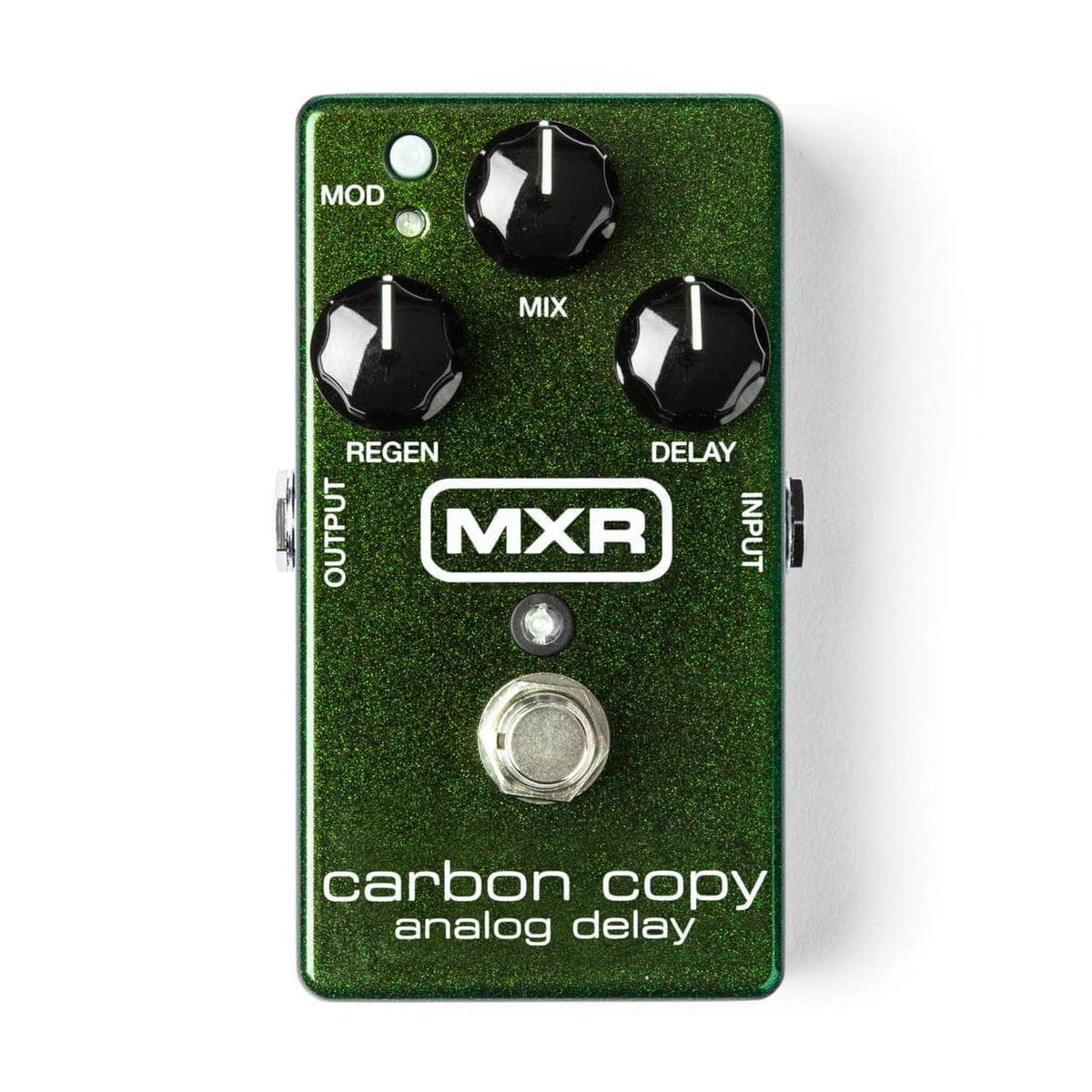 The MXR M169 Carbon Copy Analog Delay Pedal by MXR features a green enclosure with three black knobs—Mod, Mix, and Delay—a footswitch, and white text on the face, delivering classic bucket brigade warmth and rich echo tones.
