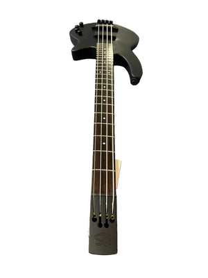 A black NS Design Wav Radius Bass w/NS Gigbag, photographed from the headstock end, highlights its ergonomic design, strings, frets, and body against a white background—ideal for punchy tones.