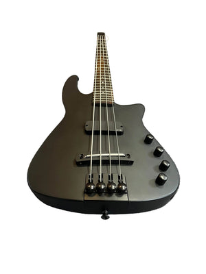 A matte black NS Design Wav Radius Bass w/NS Gigbag electric bass guitar by NS Design is displayed on a white background, featuring four strings, two pickups, and four control knobs for ergonomic comfort and punchy tones.