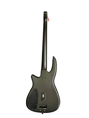 Back view of a matte black NS Design Wav Radius Bass w/NS Gigbag, showing its control cavity covers, battery compartment, and headstock tag—an ergonomic NS Design bass guitar built for punchy tones.