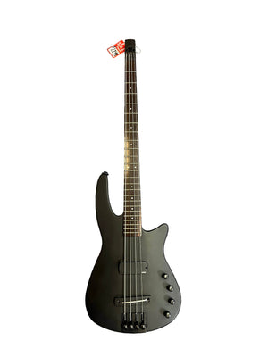 Matte black NS Design Wav Radius Bass w/NS Gigbag by NS Design, four-string model with control knobs and red sale tag on the headstock, delivers punchy bass tones and ergonomic design, isolated on a white background.