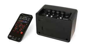 NUX Mighty Lite BT MKII Desktop Guitar Amp with knobs, buttons, and remote control for diverse guitar and bass effects, amp modeling, and acoustic IRs.