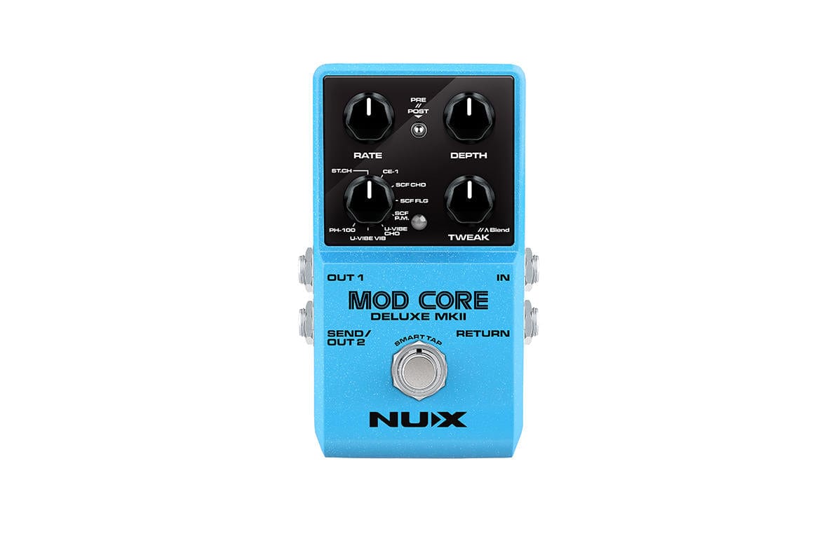 NUX Mod Core Deluxe MKII modulation pedal with 8 effect types and advanced signal routing options displayed close-up.