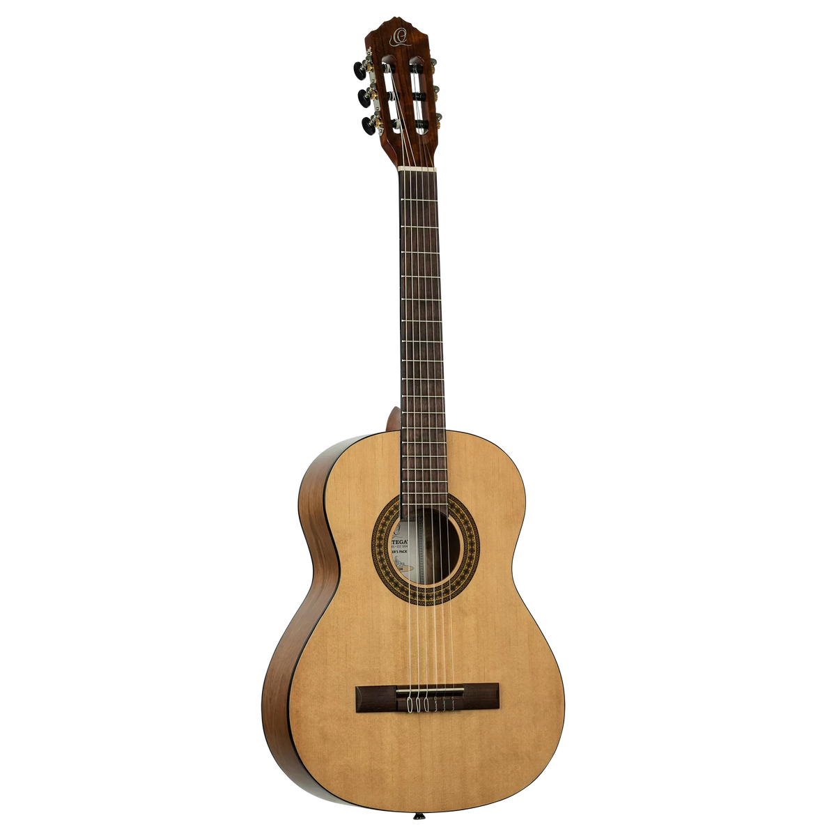 Ortega Pickers Pack 3/4 classical guitar with a light wood top, dark wood sides, and nylon strings.
