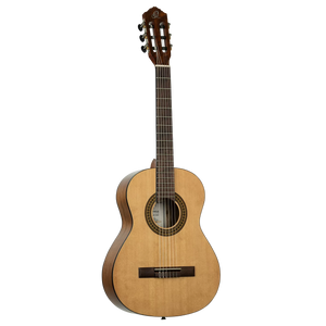 Ortega Pickers Pack 3/4 classical guitar with a light wood top, dark wood sides, and nylon strings.