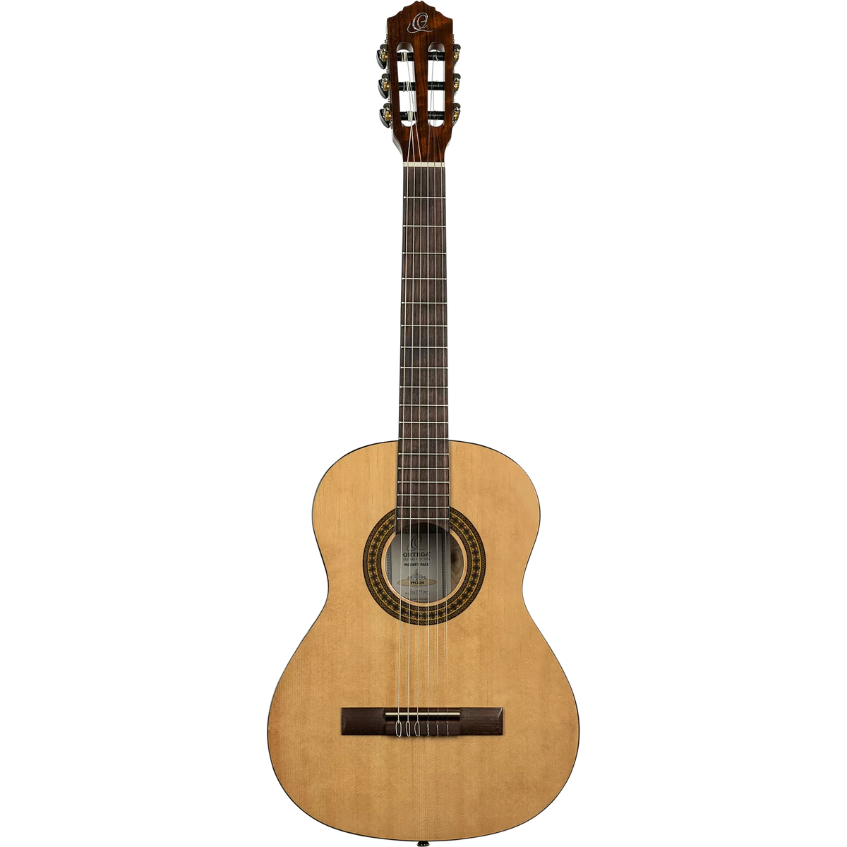Ortega Pickers Pack 3/4 Classical Guitar, Gloss, Bag, featuring a light wood top and a dark wood neck and bridge, ideal as a beginner guitar set.
