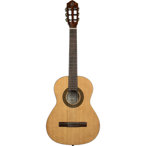 Ortega Pickers Pack 3/4 Classical Guitar, Gloss, Bag, featuring a light wood top and a dark wood neck and bridge, ideal as a beginner guitar set.