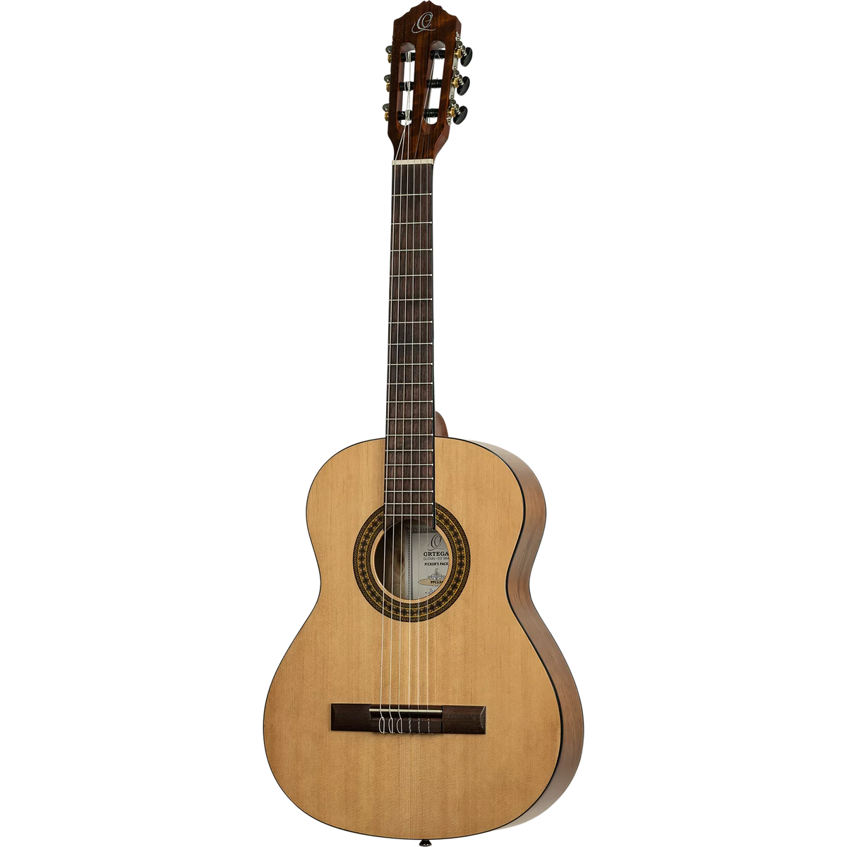 The Ortega Pickers Pack 3/4 Classical Guitar, Gloss, Bag is a three-quarter size nylon string guitar with a light-colored wood top and a patterned soundhole rosette.