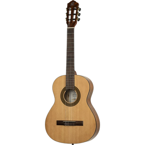 The Ortega Pickers Pack 3/4 Classical Guitar, Gloss, Bag is a three-quarter size nylon string guitar with a light-colored wood top and a patterned soundhole rosette.