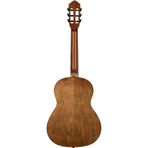 Back view of an Ortega Pickers Pack 3/4 Classical Guitar, Gloss, Bag, showing its wooden body and headstock.