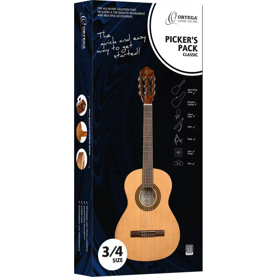 ORTEGA PICKERS PACK 3/4 CLASSICAL GUITAR, GLOSS, BAG in a retail box with a gig bag, tuner, strap, stand, extra strings, and picks.