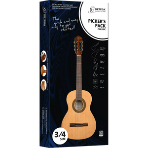 ORTEGA PICKERS PACK 3/4 CLASSICAL GUITAR, GLOSS, BAG in a retail box with a gig bag, tuner, strap, stand, extra strings, and picks.