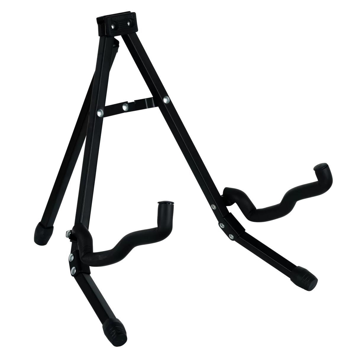 A collapsible black metal A-frame stand for the ORTEGA PICKERS PACK 3/4 CLASSICAL GUITAR, GLOSS, BAG.