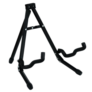 A collapsible black metal A-frame stand for the ORTEGA PICKERS PACK 3/4 CLASSICAL GUITAR, GLOSS, BAG.