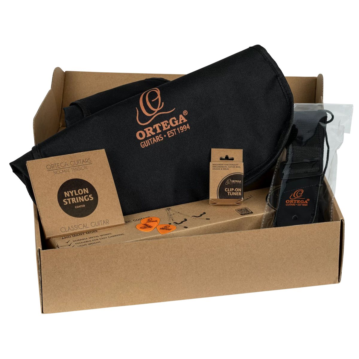 An Ortega Pickers Pack 3/4 Classical Guitar, Gloss, Bag inside a cardboard box, including a black guitar bag, strings, a clip-on tuner, three picks, and a black guitar strap.
