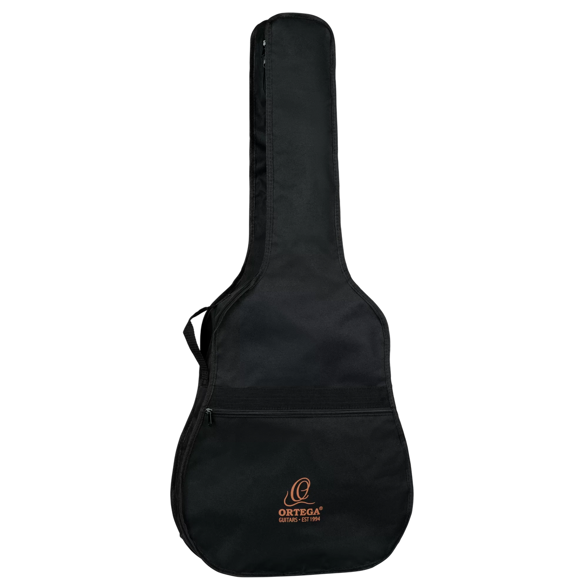 Black soft-shell Ortega Pickers Pack 3/4 Classical Guitar, Gloss, Bag for a nylon string guitar, featuring a front accessory pocket and brand logo at the bottom.