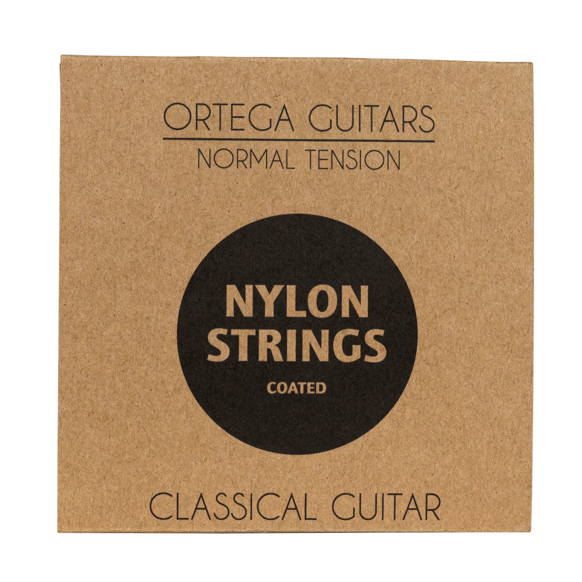 Square brown cardboard package of ORTEGA PICKERS PACK 3/4 CLASSICAL GUITAR, GLOSS, BAG, containing normal tension nylon strings ideal for a beginner guitar set.