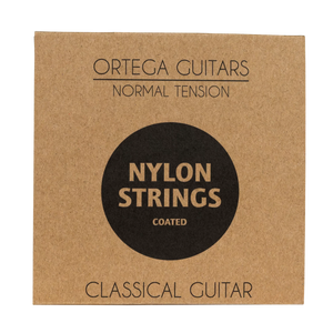 Square brown cardboard package of ORTEGA PICKERS PACK 3/4 CLASSICAL GUITAR, GLOSS, BAG, containing normal tension nylon strings ideal for a beginner guitar set.