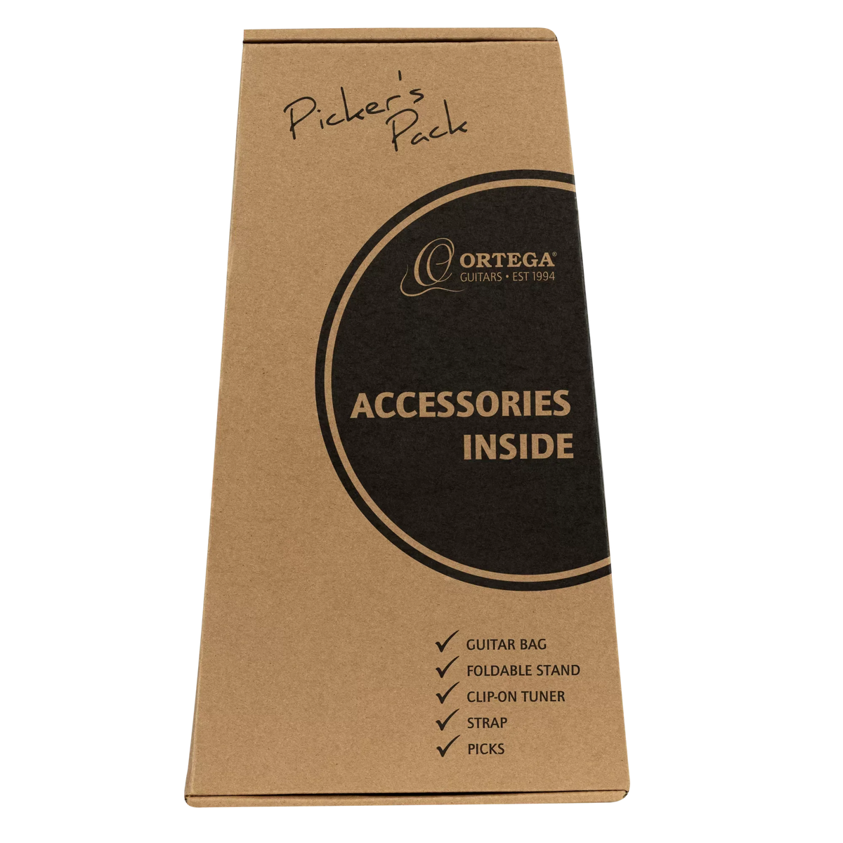 Tapered cardboard box for an ORTEGA PICKERS PACK 3/4 CLASSICAL GUITAR, GLOSS, BAG, labeled “Accessories Inside” and listing a guitar bag, foldable stand, clip-on tuner, strap, and picks.