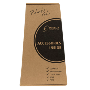 Tapered cardboard box for an ORTEGA PICKERS PACK 3/4 CLASSICAL GUITAR, GLOSS, BAG, labeled “Accessories Inside” and listing a guitar bag, foldable stand, clip-on tuner, strap, and picks.