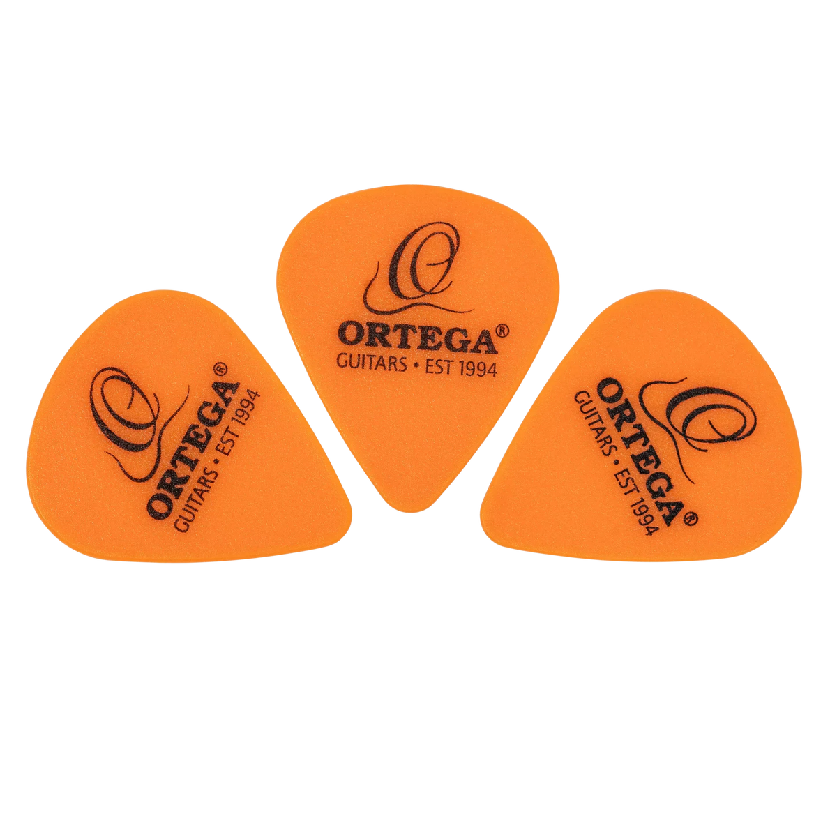 Three orange guitar picks for an ORTEGA PICKERS PACK 3/4 CLASSICAL GUITAR, GLOSS, BAG, each printed with black logo text.