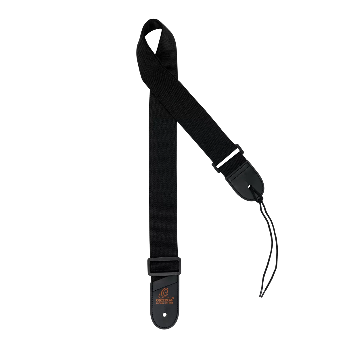 Black nylon ORTEGA PICKERS PACK 3/4 CLASSICAL GUITAR, GLOSS, BAG strap featuring leather end tabs and a black drawstring cord.