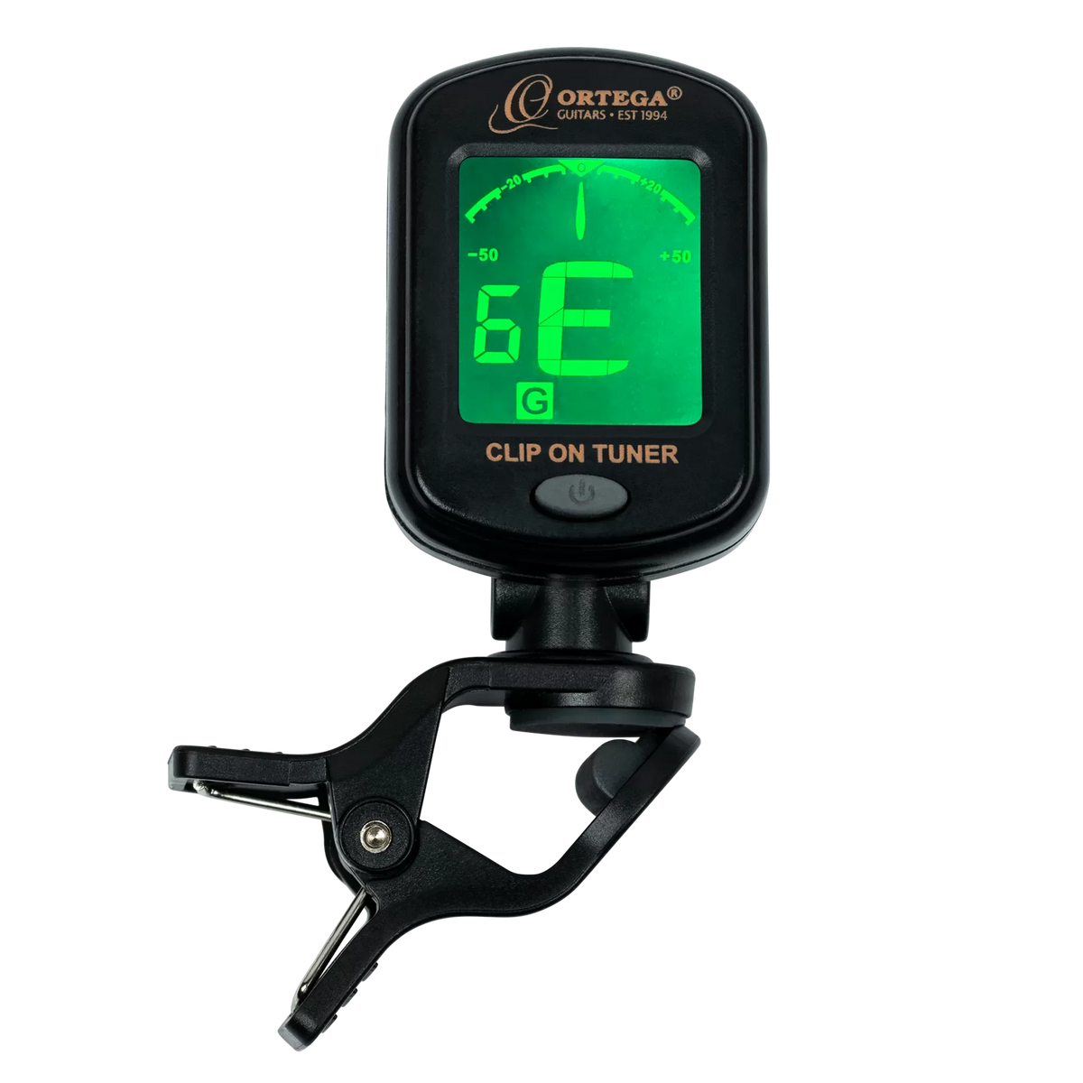 Black digital clip-on guitar tuner with a green backlit display showing the note E, a useful accessory for an ORTEGA PICKERS PACK 3/4 CLASSICAL GUITAR, GLOSS, BAG.