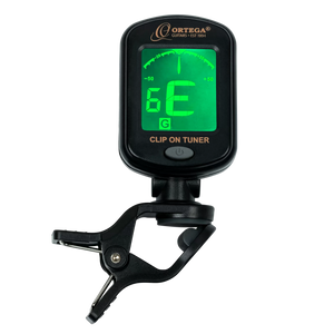 Black digital clip-on guitar tuner with a green backlit display showing the note E, a useful accessory for an ORTEGA PICKERS PACK 3/4 CLASSICAL GUITAR, GLOSS, BAG.