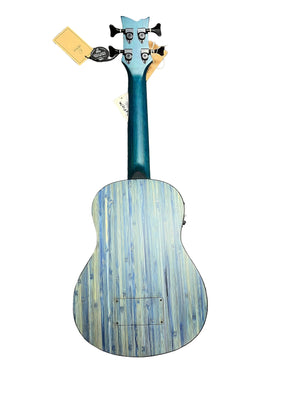The Ortega RUSWB-UB Uke Bass Stonewashed by Ortega, featuring a blue wood-textured vintage finish, is lying face down on a gray carpet beside a price tag and an itemized receipt.