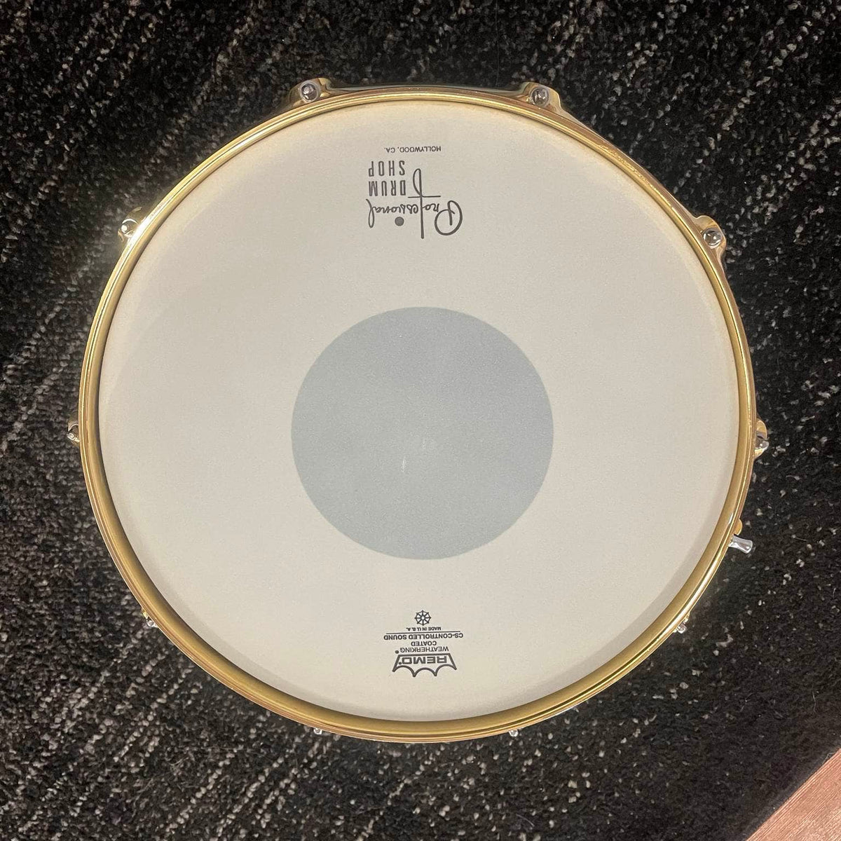 Pearl Steve Ferrone Signature Series snare drum with black nickel shell and gold hardware