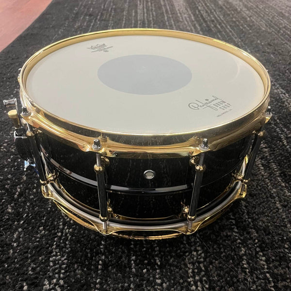 Pearl Steve Ferrone Signature Series snare drum with black nickel shell and gold hardware