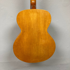 Playtime by Harmony Vintage Archtop Guitar 1940's, close-up view highlighting its strings and body, showcasing its quality condition for musicians and collectors.