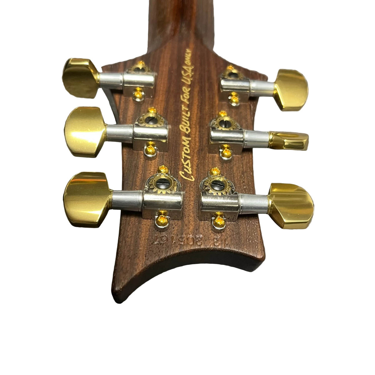Close-up of a PRS P22 Artisan Piezo Green Fade 2013 headstock with gold tuners and "Custom Built for USAAM" engraving, showcasing signature humbuckers and piezo versatility. Includes Brazilian Rosewood fingerboard and case.