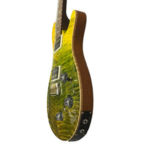 PRS P22 Artisan Piezo Green Fade 2013 electric guitar by PRS, featuring a flamed maple top in green and yellow, Brazilian rosewood, two humbuckers, four knobs; photographed from a low angle against a white background.