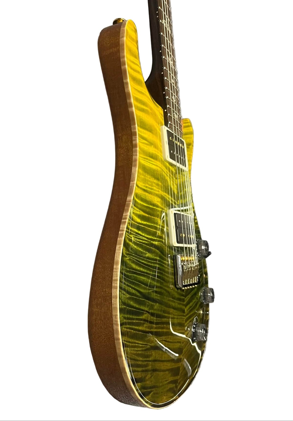 PRS P22 Artisan Piezo Green Fade 2013 electric guitar with a yellow-green flamed maple top, dual humbuckers, dark knobs, and Brazilian rosewood, by PRS; shown from a low angle against a white background.