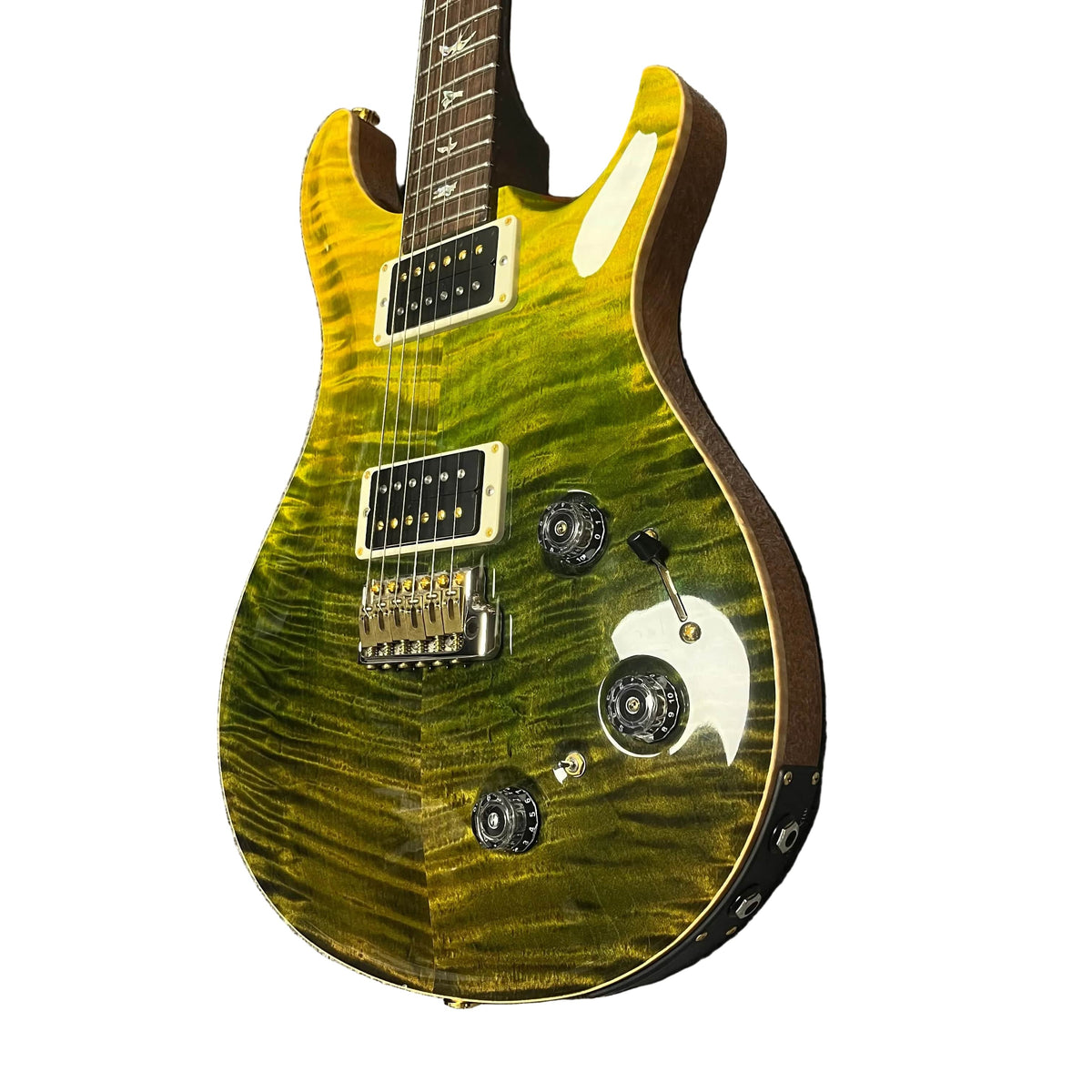 A close-up of a PRS P22 Artisan Piezo Green Fade 2013 electric guitar featuring a flamed maple top, two humbuckers, three control knobs, Brazilian rosewood fretboard, and includes case.
