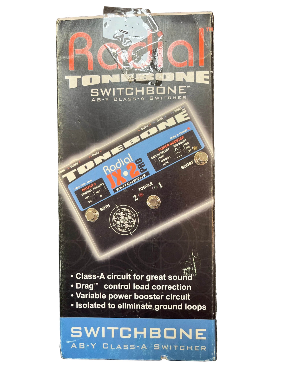 Box for the Radial Engineering Tonebone Switchbone JX-2 AB-Y Class-A Switcher (Preowned) pedal, featuring product image, key features, and descriptive text on the front.