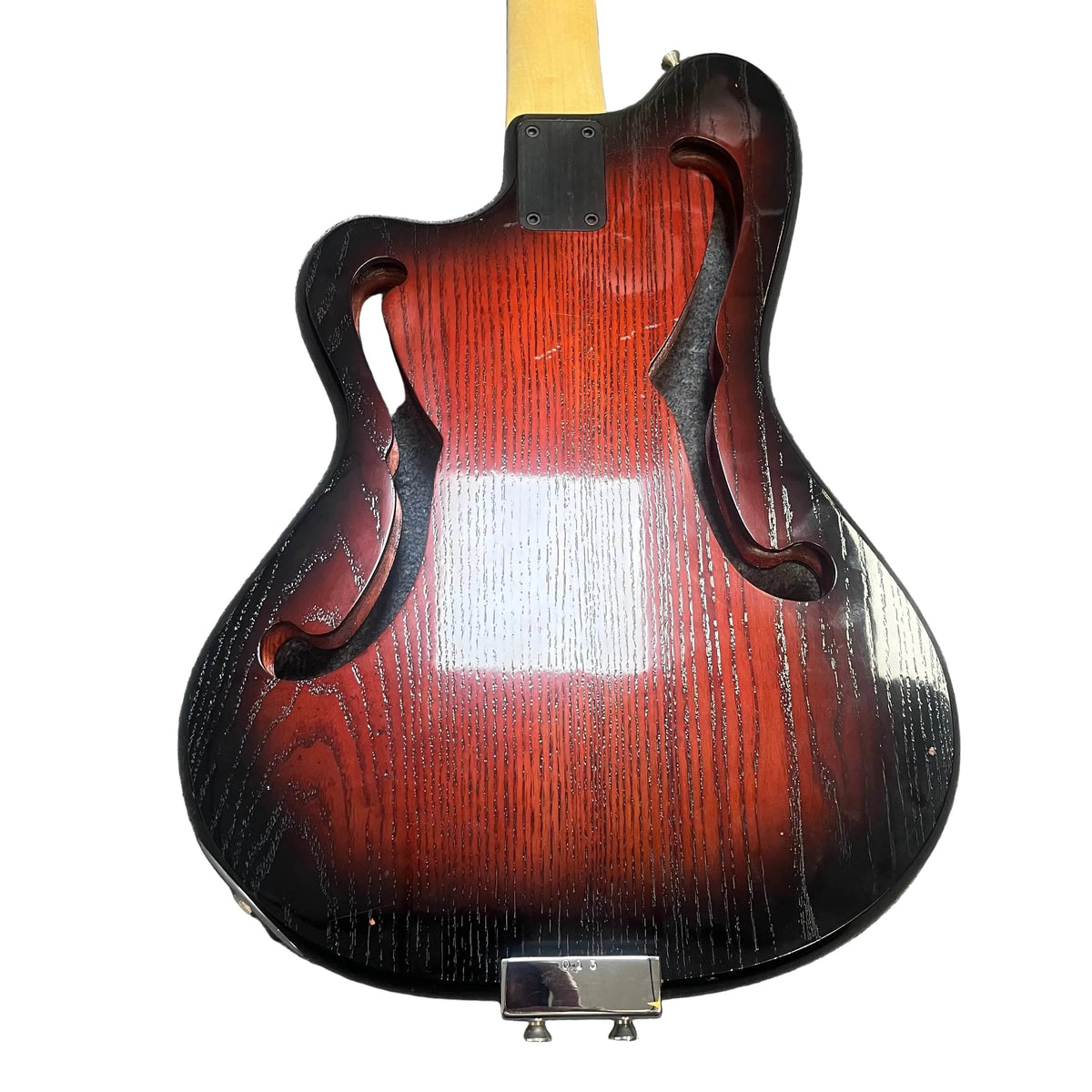 The back of this Rare Ampeg AEB-2 Scroll Top Bass (#13, Prototype-Era Bruce Johnson build) features a red and black sunburst finish, twin f-holes, and visible wood grain, evoking the classic Ampeg Scroll Bass style.