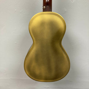 The back of a Republic Parlor Resolian Antique Bronze Resonator w/Case by Republic, featuring an hourglass shape and single cone design, is shown against a plain white wall.