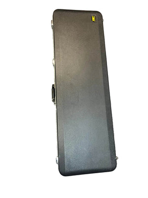 A durable, black rectangular hard-shell case with textured surface, silver latches, and a yellow logo safely stores your Rickenbacker 4003 Bass 2022 Autumnglo Checkerboard Binding OHSC; shown isolated on white.
