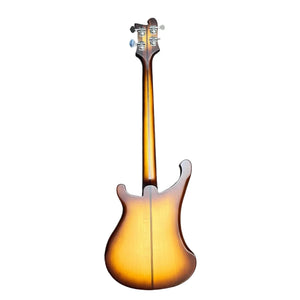 Rear view of a collector-owned Rickenbacker 4003 Bass 2022 in Autumnglo with checkerboard binding and four tuning pegs, isolated on white. Includes original hard shell case (OHSC).