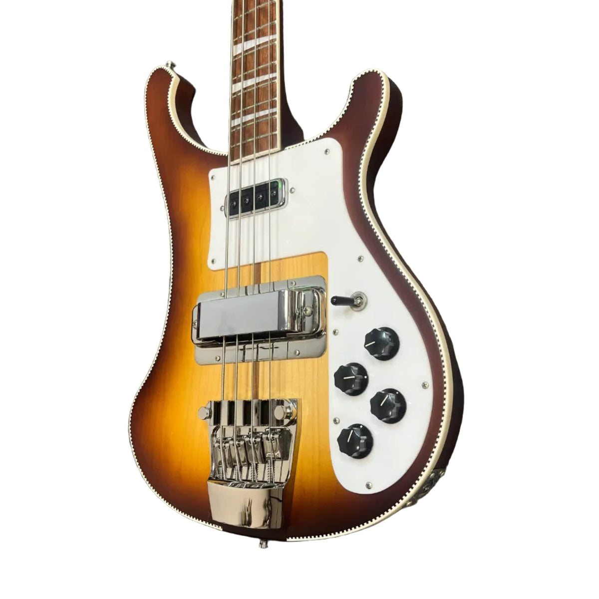 A collector-owned Rickenbacker 4003 Bass 2022 in Autumnglo with checkerboard binding, chrome hardware, four control knobs, and a white pickguard is shown against a white background.