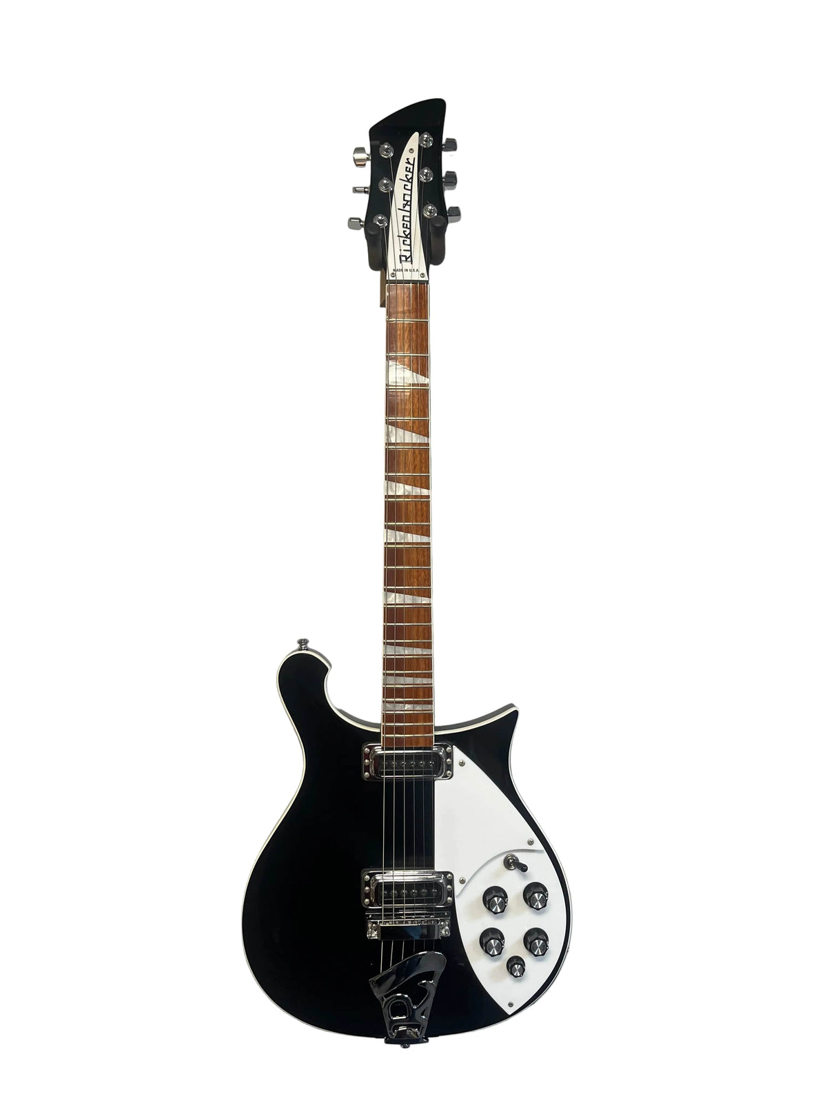 Near-mint Rickenbacker 620 – Jetglo six-string guitar with dual pickups, multiple control knobs, and a pointed headstock, shown upright against a white background. Includes original case.