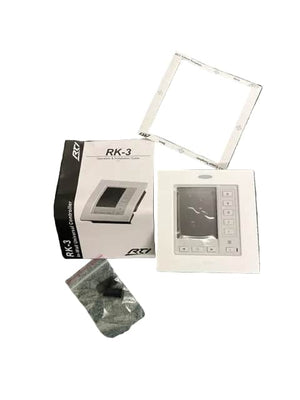 A boxed Remote Technologies Inc (RTI) RK-3 In-Wall Universal Controller kit with device, mounting frame, screws, and manual shown on white background—perfect for seamless home automation control.