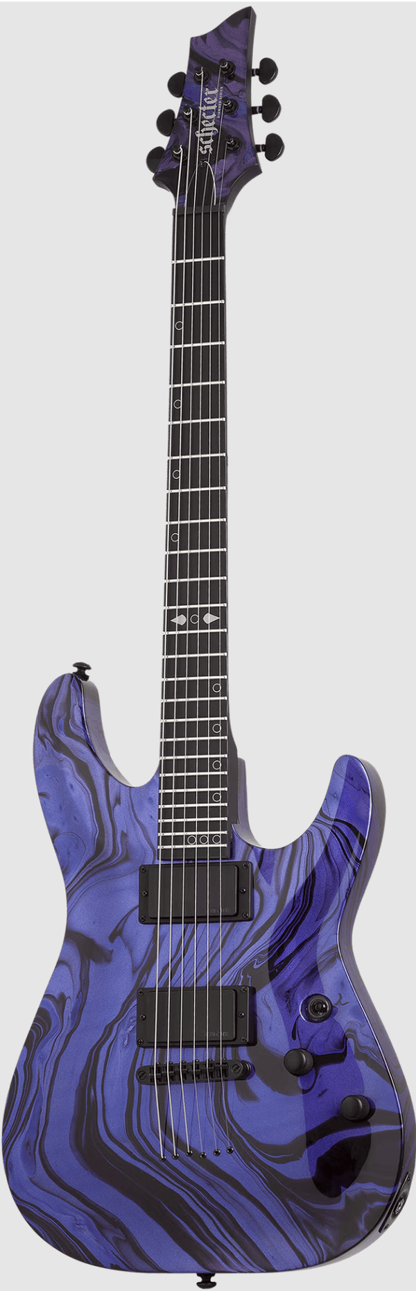 Schecter C-1 Hydro-Dip Purple Obsidian electric guitar with a purple and black marbled finish, two humbucker pickups, and a fretboard with inlaid markers.