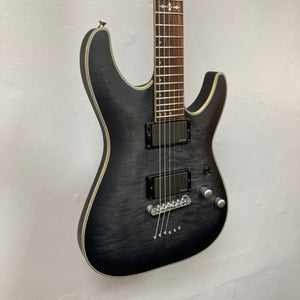 Schecter C-1 Platinum Translucent Black Used electric guitar with double-cutaway design, EMG pickups, and rosewood fretboard, showcasing minor finish blemishes.