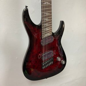 Schecter Omen Elite-7 Multiscale Black Cherry Burst Blem electric guitar, featuring close-up views of its intricate detailing and components.